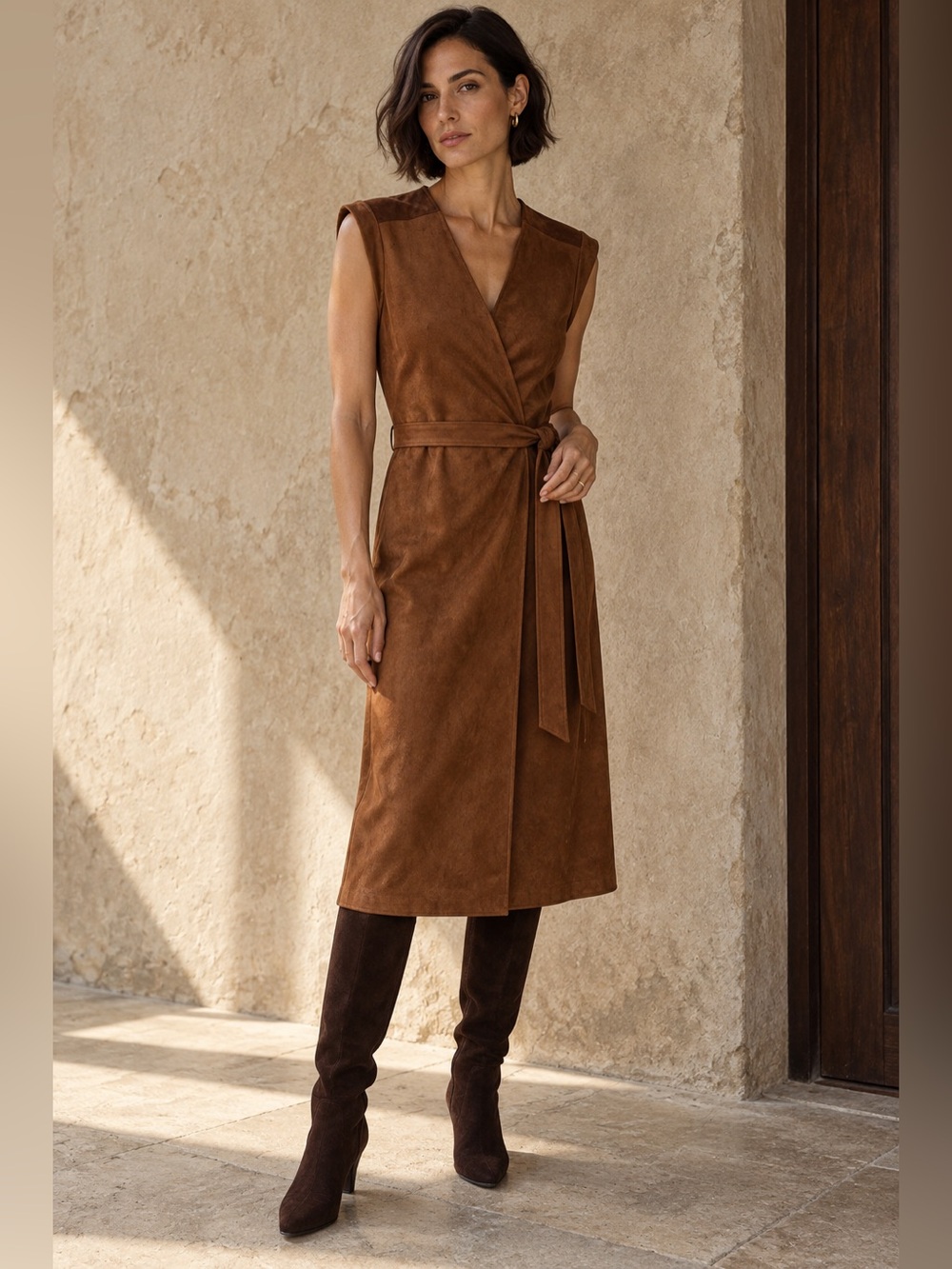NWT Banana Republic Faux Suede Wrap Midi Dress Cognac Size 8